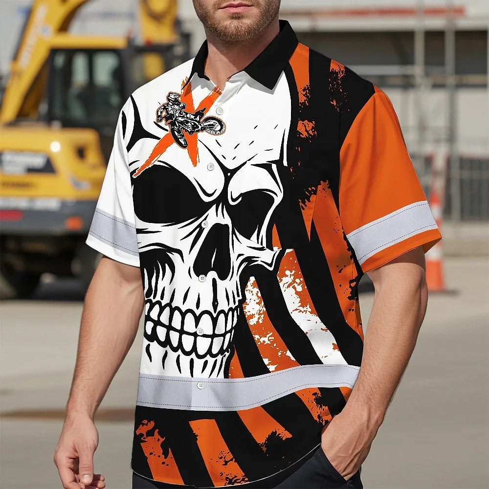 Hi Vis Hawaiian Shirt Reflective Tapes Orange Neon Motobike Custom Name Safety Workwear For Bikers, Workers, Truckers, Operators