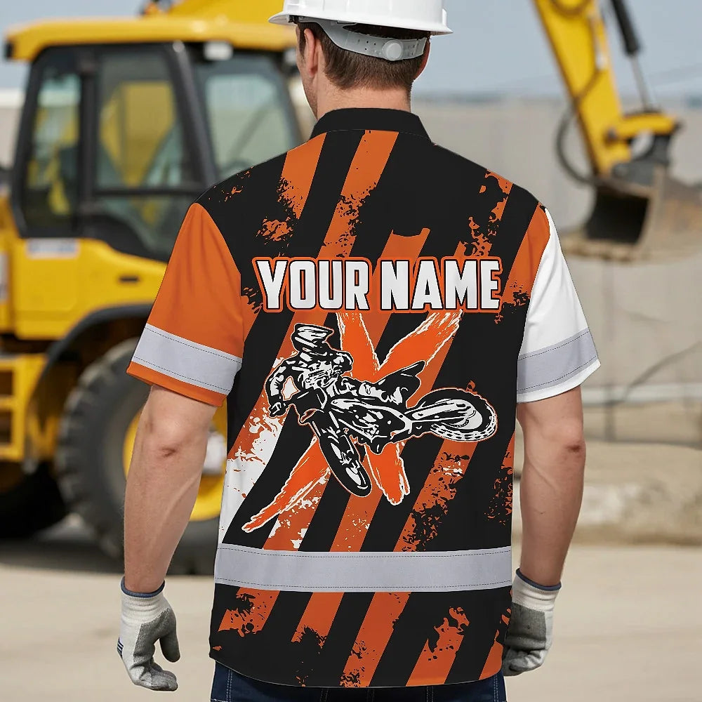 Hi Vis Hawaiian Shirt Reflective Tapes Orange Neon Motobike Custom Name Safety Workwear For Bikers, Workers, Truckers, Operators