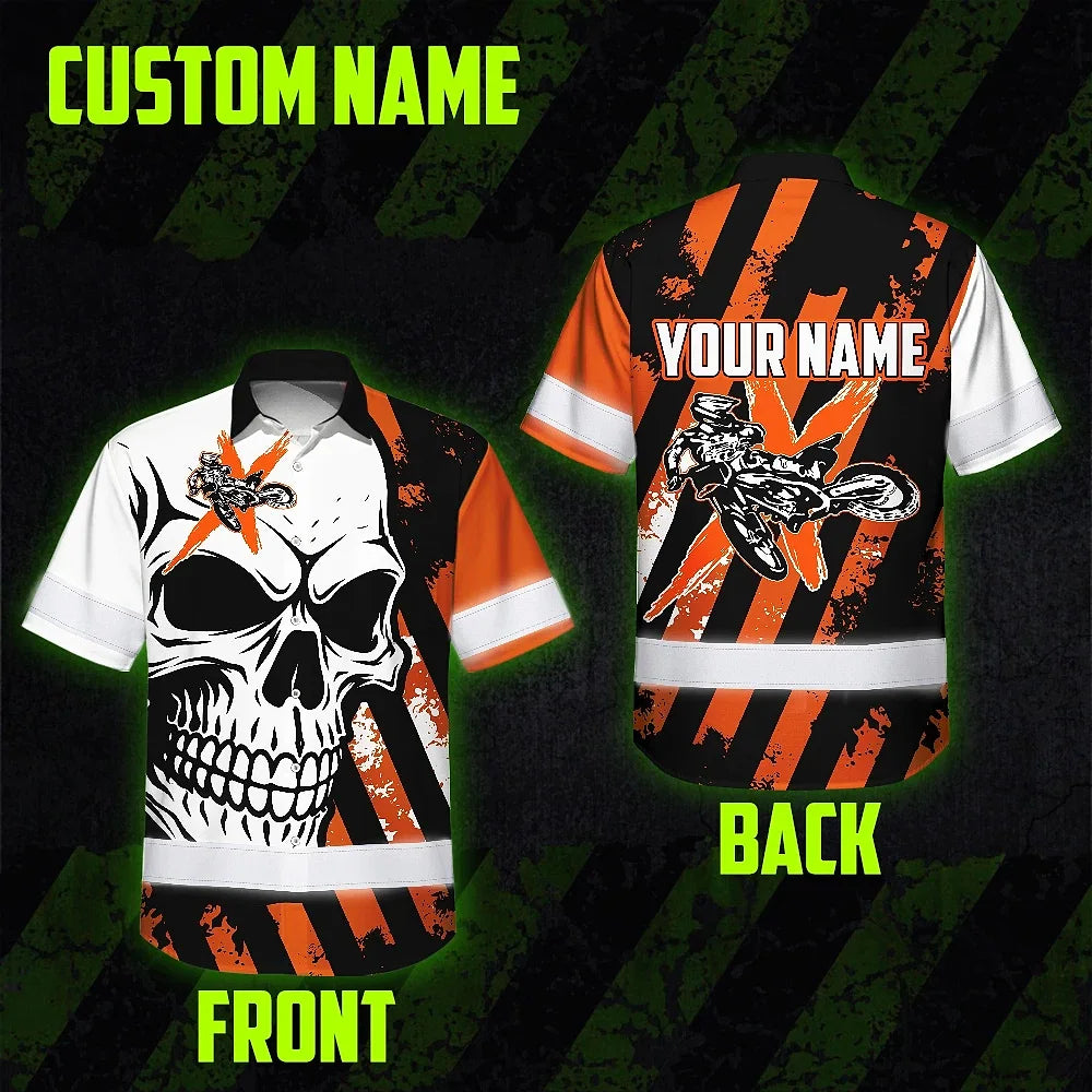Hi Vis Hawaiian Shirt Reflective Tapes Orange Neon Motobike Custom Name Safety Workwear For Bikers, Workers, Truckers, Operators