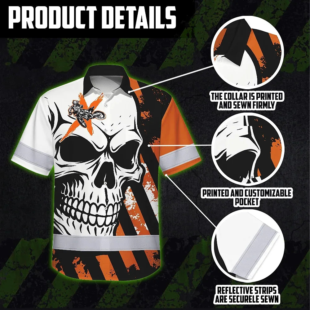Hi Vis Hawaiian Shirt Reflective Tapes Orange Neon Motobike Custom Name Safety Workwear For Bikers, Workers, Truckers, Operators