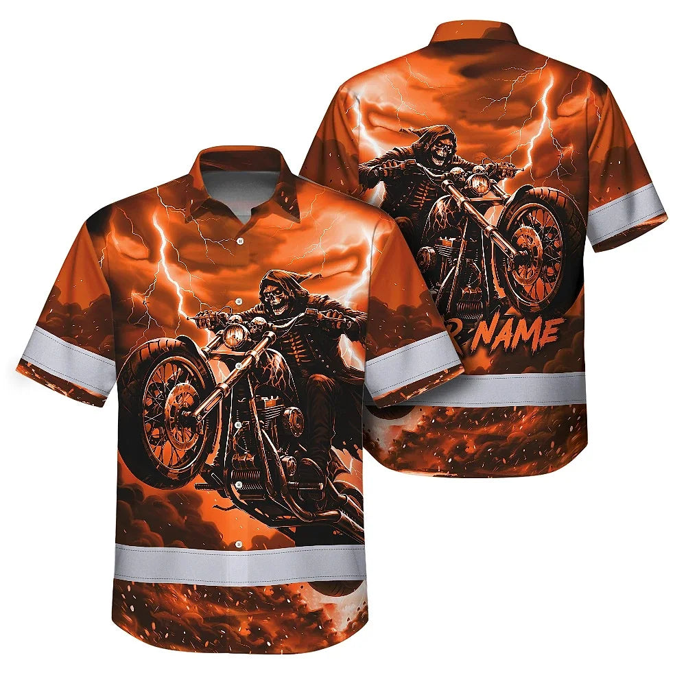 Hi Vis Hawaiian Shirt Reflective Tapes Orange Neon Motobike Skull Custom Name Safety Workwear For Workers, Truckers, Operators