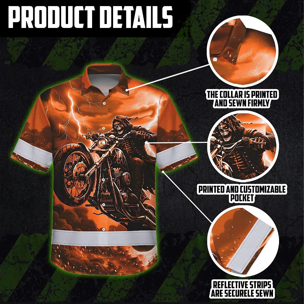 Hi Vis Hawaiian Shirt Reflective Tapes Orange Neon Motobike Skull Custom Name Safety Workwear For Workers, Truckers, Operators
