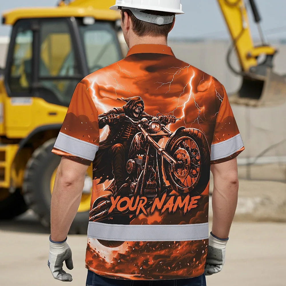 Hi Vis Hawaiian Shirt Reflective Tapes Orange Neon Motobike Skull Custom Name Safety Workwear For Workers, Truckers, Operators