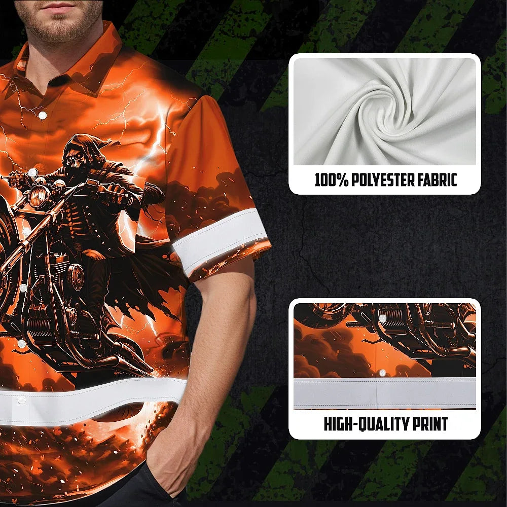 Hi Vis Hawaiian Shirt Reflective Tapes Orange Neon Motobike Skull Custom Name Safety Workwear For Workers, Truckers, Operators