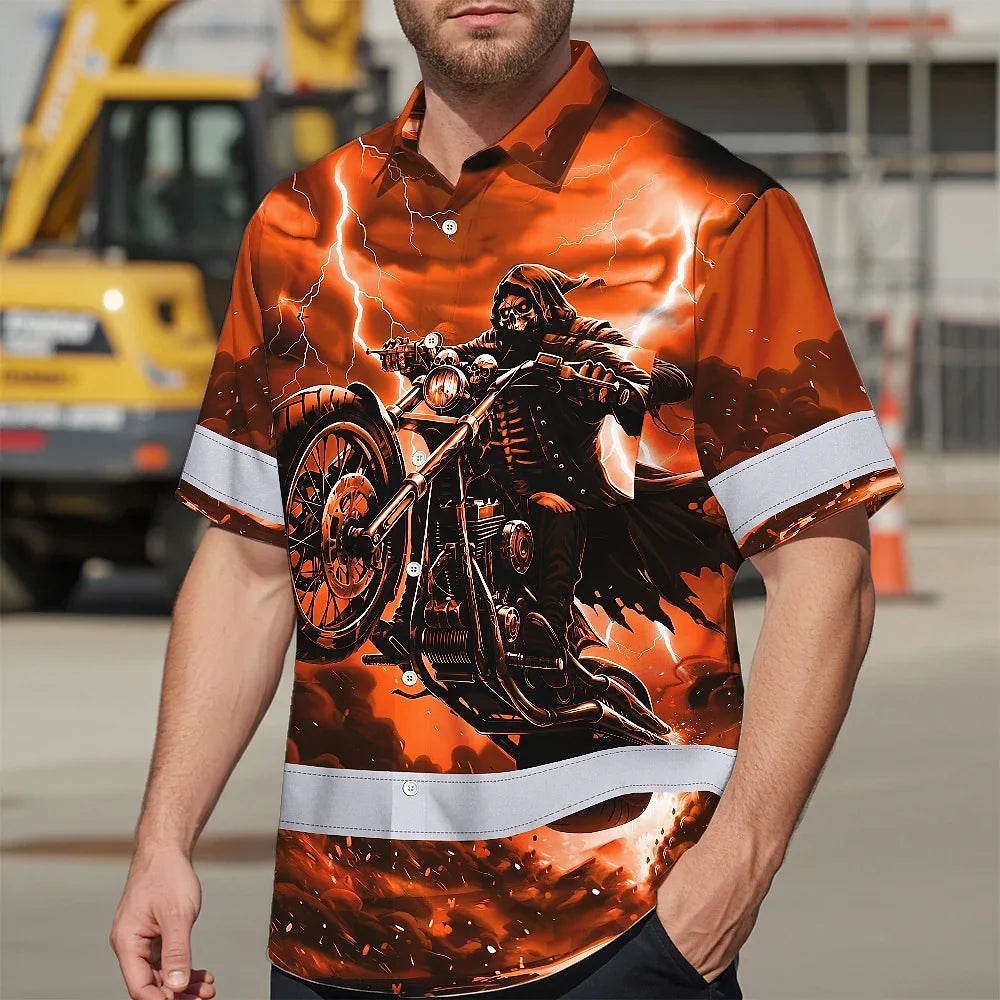 Hi Vis Hawaiian Shirt Reflective Tapes Orange Neon Motobike Skull Custom Name Safety Workwear For Workers, Truckers, Operators