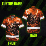 Hi Vis Hawaiian Shirt Reflective Tapes Orange Neon Motobike Skull Custom Name Safety Workwear For Workers, Truckers, Operators