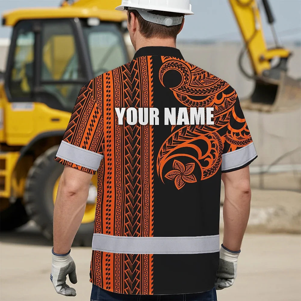 Hi Vis Hawaiian Shirt Reflective Tapes Orange Neon Polynesian Custom Name Safety Workwear For Workers, Truckers, Operators