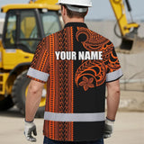 Hi Vis Hawaiian Shirt Reflective Tapes Orange Neon Polynesian Custom Name Safety Workwear For Workers, Truckers, Operators