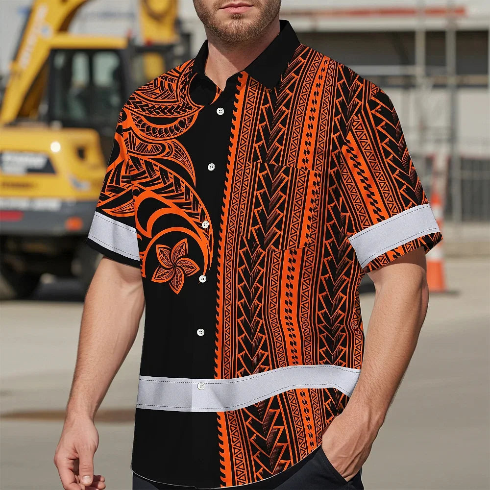 Hi Vis Hawaiian Shirt Reflective Tapes Orange Neon Polynesian Custom Name Safety Workwear For Workers, Truckers, Operators