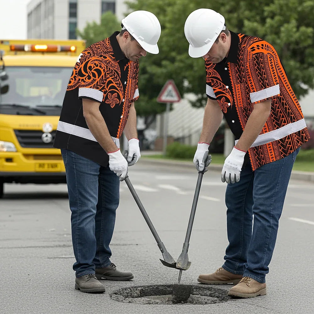 Hi Vis Hawaiian Shirt Reflective Tapes Orange Neon Polynesian Custom Name Safety Workwear For Workers, Truckers, Operators