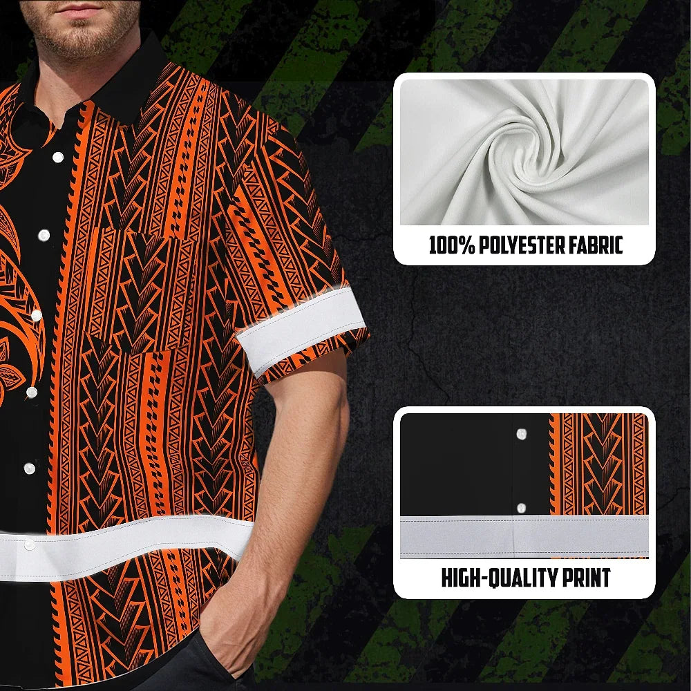 Hi Vis Hawaiian Shirt Reflective Tapes Orange Neon Polynesian Custom Name Safety Workwear For Workers, Truckers, Operators