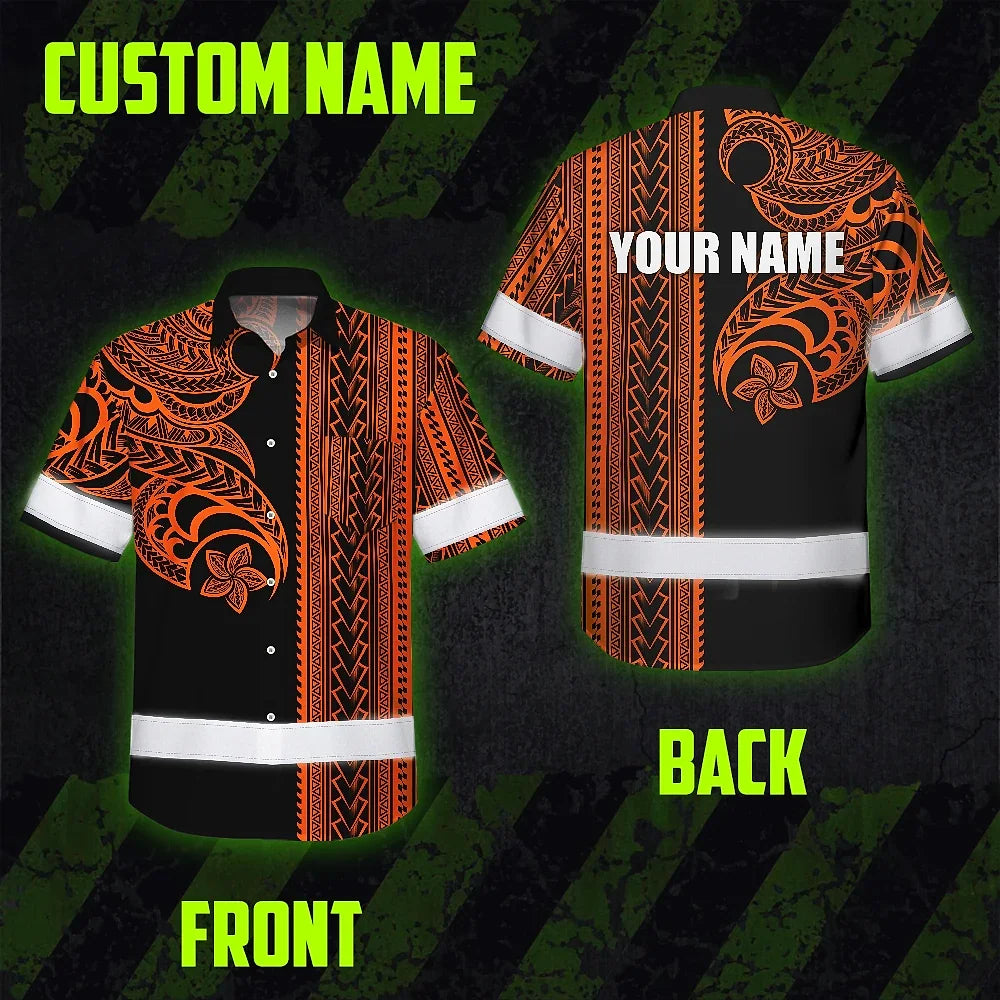 Hi Vis Hawaiian Shirt Reflective Tapes Orange Neon Polynesian Custom Name Safety Workwear For Workers, Truckers, Operators