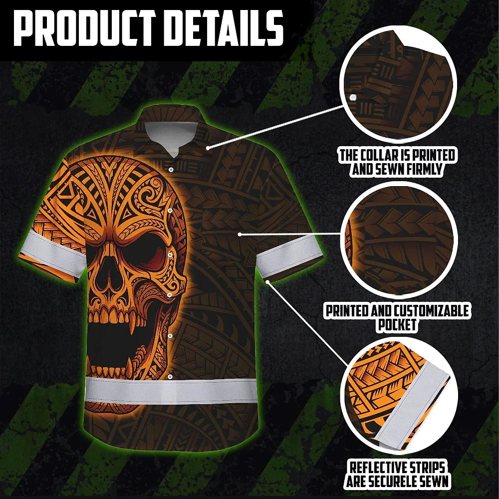 Hi Vis Hawaiian Shirt Reflective Tapes Orange Neon Polynesian Half Skull Custom Name Safety Workwear For Workers, Truckers, Operators