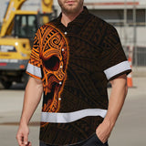 Hi Vis Hawaiian Shirt Reflective Tapes Orange Neon Polynesian Half Skull Custom Name Safety Workwear For Workers, Truckers, Operators