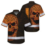 Hi Vis Hawaiian Shirt Reflective Tapes Orange Neon Polynesian Half Skull Custom Name Safety Workwear For Workers, Truckers, Operators