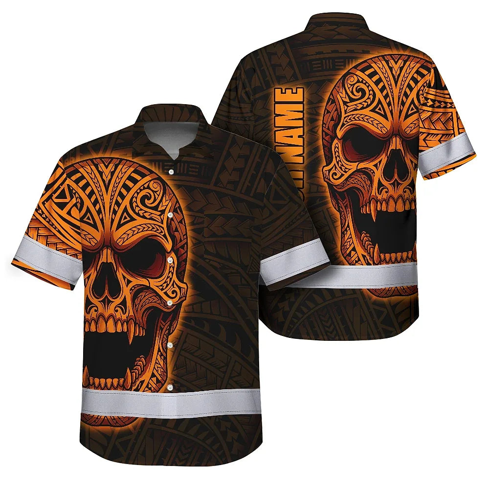 Hi Vis Hawaiian Shirt Reflective Tapes Orange Neon Polynesian Half Skull Custom Name Safety Workwear For Workers, Truckers, Operators