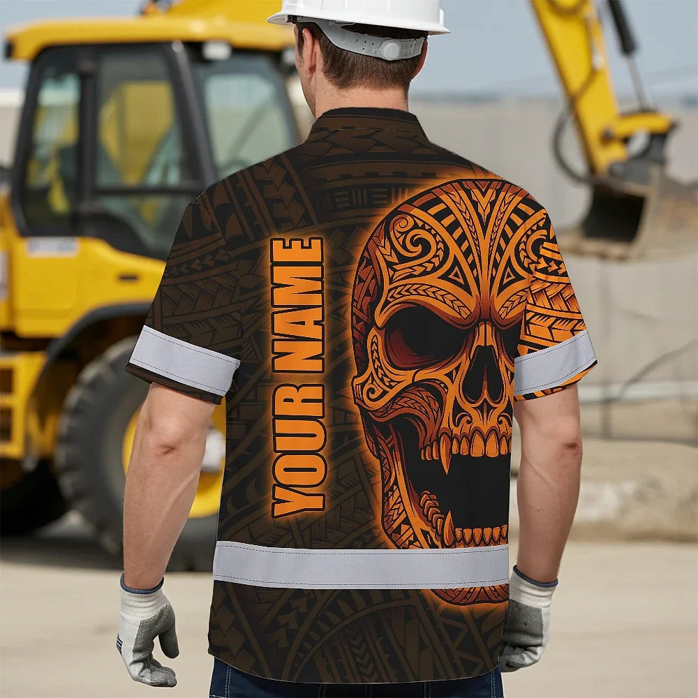 Hi Vis Hawaiian Shirt Reflective Tapes Orange Neon Polynesian Half Skull Custom Name Safety Workwear For Workers, Truckers, Operators