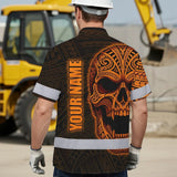 Hi Vis Hawaiian Shirt Reflective Tapes Orange Neon Polynesian Half Skull Custom Name Safety Workwear For Workers, Truckers, Operators