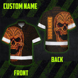 Hi Vis Hawaiian Shirt Reflective Tapes Orange Neon Polynesian Half Skull Custom Name Safety Workwear For Workers, Truckers, Operators