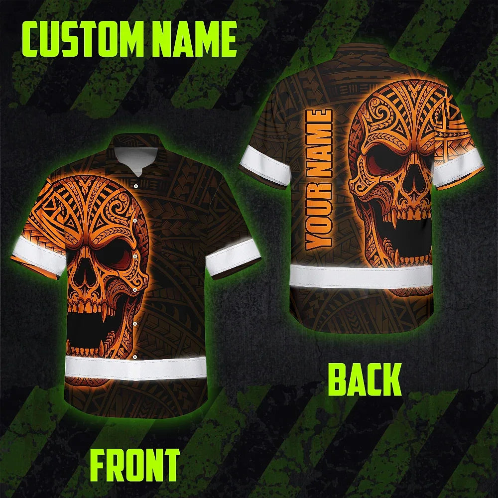 Hi Vis Hawaiian Shirt Reflective Tapes Orange Neon Polynesian Half Skull Custom Name Safety Workwear For Workers, Truckers, Operators