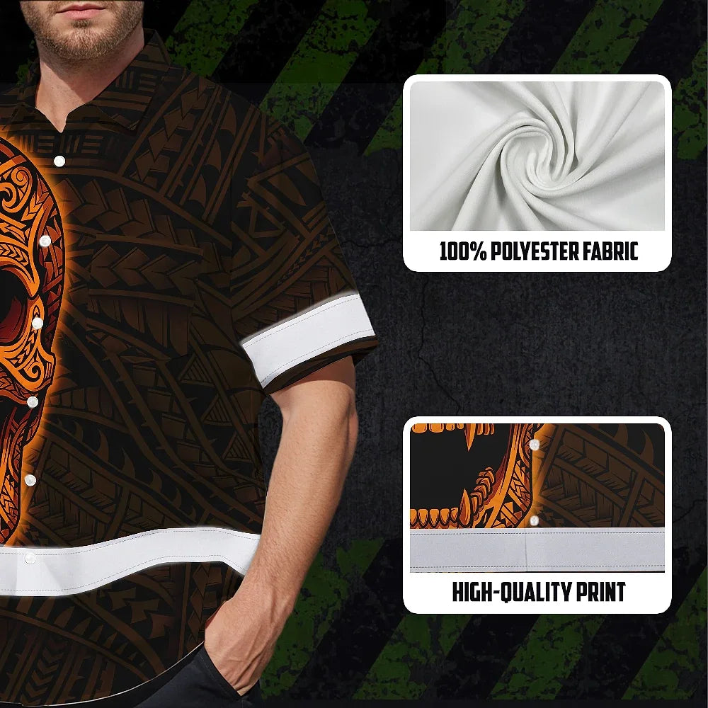 Hi Vis Hawaiian Shirt Reflective Tapes Orange Neon Polynesian Half Skull Custom Name Safety Workwear For Workers, Truckers, Operators