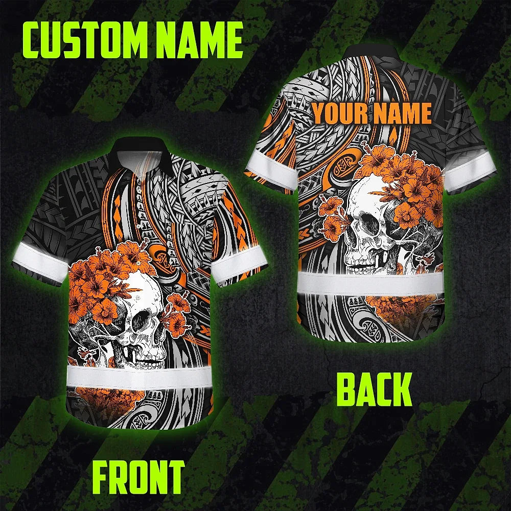Hi Vis Hawaiian Shirt Reflective Tapes Orange Neon Polynesian Skull Custom Name Safety Workwear For Workers, Truckers, Operators