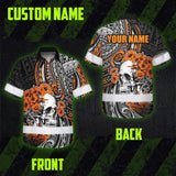 Hi Vis Hawaiian Shirt Reflective Tapes Orange Neon Polynesian Skull Custom Name Safety Workwear For Workers, Truckers, Operators