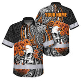 Hi Vis Hawaiian Shirt Reflective Tapes Orange Neon Polynesian Skull Custom Name Safety Workwear For Workers, Truckers, Operators