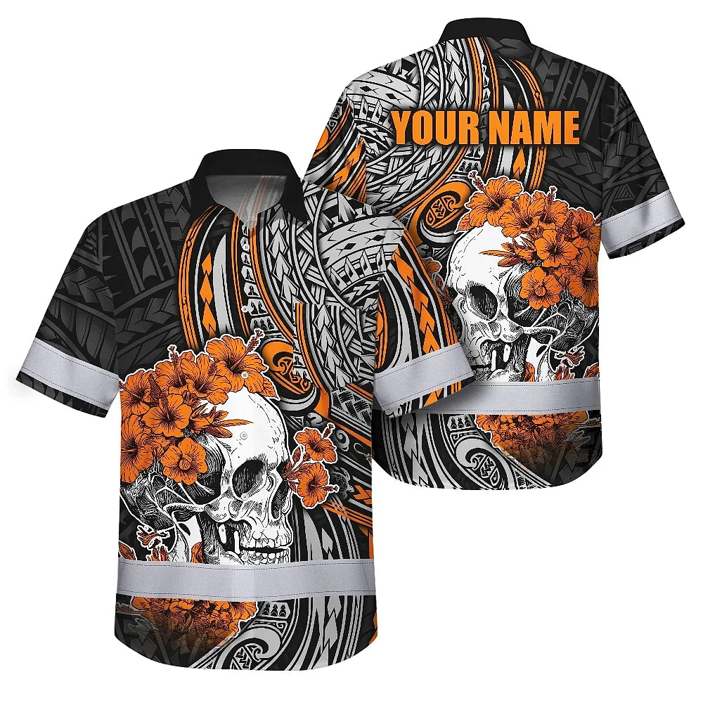 Hi Vis Hawaiian Shirt Reflective Tapes Orange Neon Polynesian Skull Custom Name Safety Workwear For Workers, Truckers, Operators