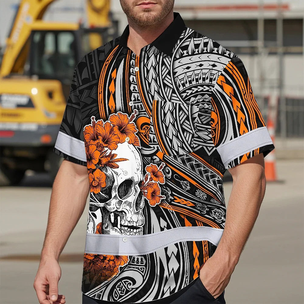 Hi Vis Hawaiian Shirt Reflective Tapes Orange Neon Polynesian Skull Custom Name Safety Workwear For Workers, Truckers, Operators