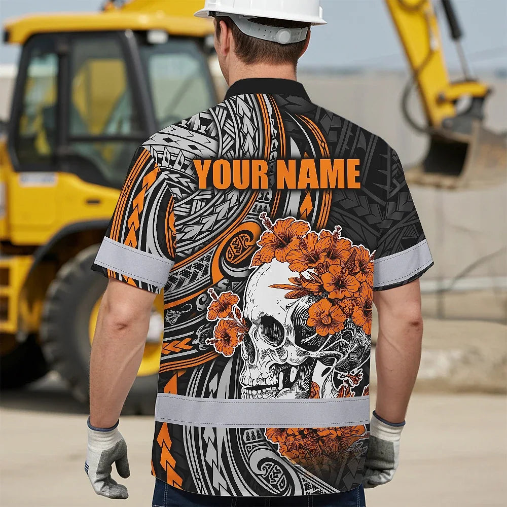 Hi Vis Hawaiian Shirt Reflective Tapes Orange Neon Polynesian Skull Custom Name Safety Workwear For Workers, Truckers, Operators