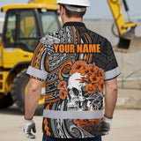 Hi Vis Hawaiian Shirt Reflective Tapes Orange Neon Polynesian Skull Custom Name Safety Workwear For Workers, Truckers, Operators