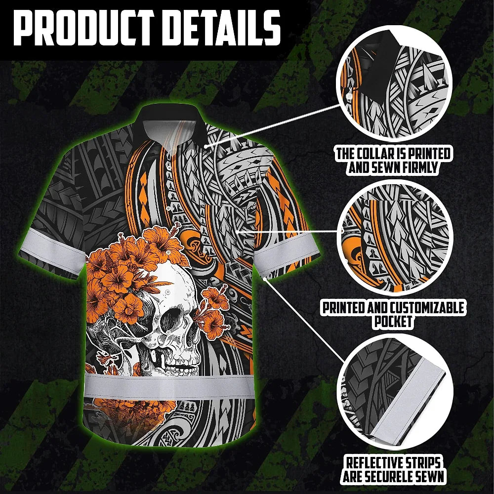 Hi Vis Hawaiian Shirt Reflective Tapes Orange Neon Polynesian Skull Custom Name Safety Workwear For Workers, Truckers, Operators