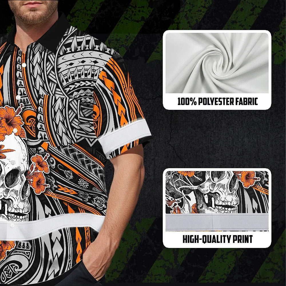 Hi Vis Hawaiian Shirt Reflective Tapes Orange Neon Polynesian Skull Custom Name Safety Workwear For Workers, Truckers, Operators
