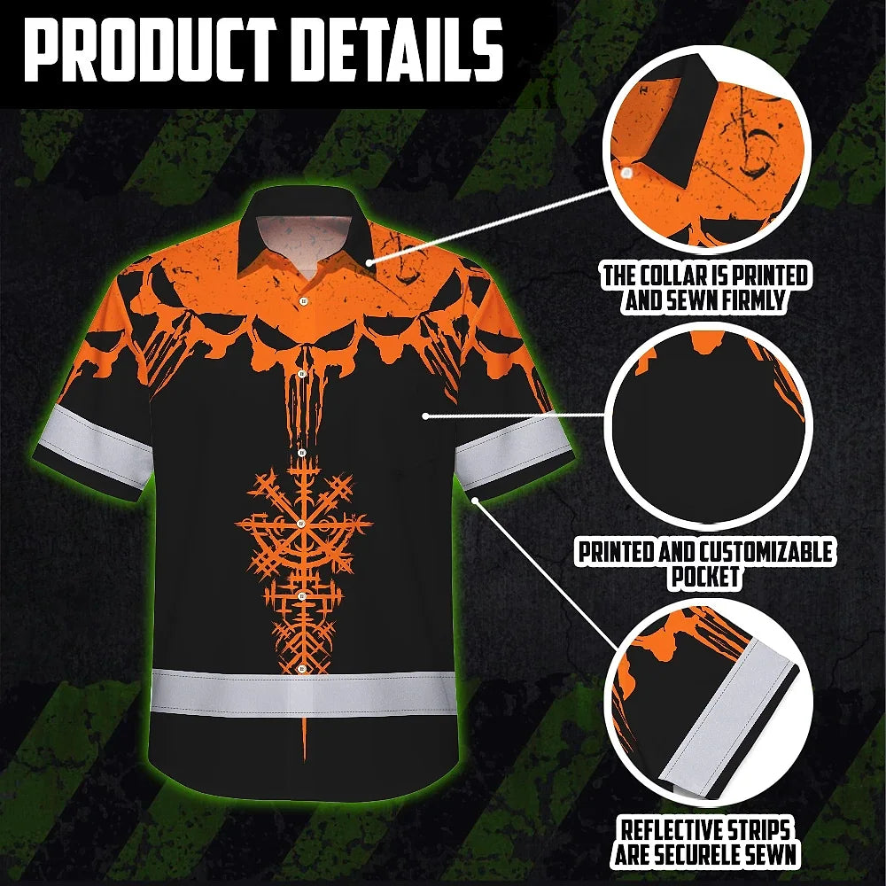 Hi Vis Hawaiian Shirt Reflective Tapes Orange Neon Skull Custom Name Safety Workwear For Workers, Truckers, Operators