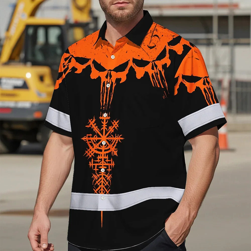 Hi Vis Hawaiian Shirt Reflective Tapes Orange Neon Skull Custom Name Safety Workwear For Workers, Truckers, Operators