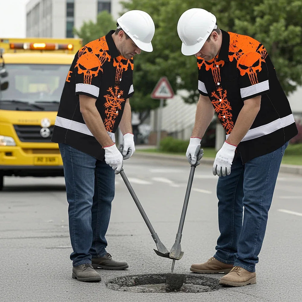 Hi Vis Hawaiian Shirt Reflective Tapes Orange Neon Skull Custom Name Safety Workwear For Workers, Truckers, Operators
