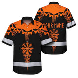 Hi Vis Hawaiian Shirt Reflective Tapes Orange Neon Skull Custom Name Safety Workwear For Workers, Truckers, Operators
