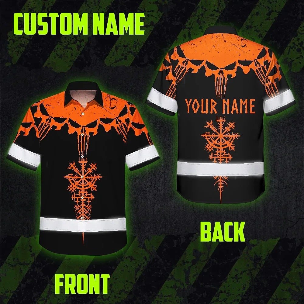 Hi Vis Hawaiian Shirt Reflective Tapes Orange Neon Skull Custom Name Safety Workwear For Workers, Truckers, Operators