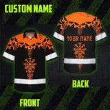 Hi Vis Hawaiian Shirt Reflective Tapes Orange Neon Skull Custom Name Safety Workwear For Workers, Truckers, Operators