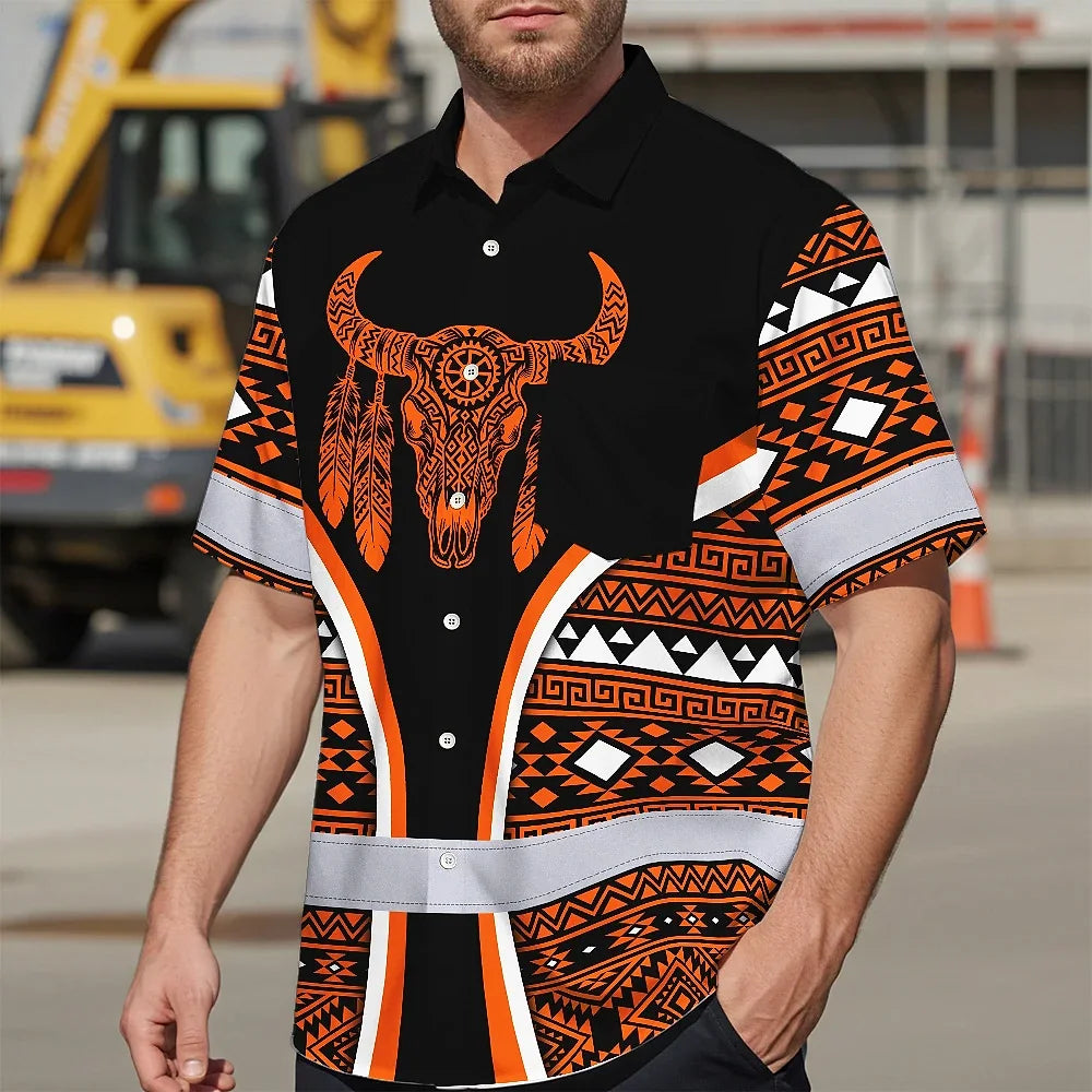 Hi Vis Hawaiian Shirt Reflective Tapes Orange Neon Skull Native Custom Name Safety Workwear For Workers, Truckers, Operators