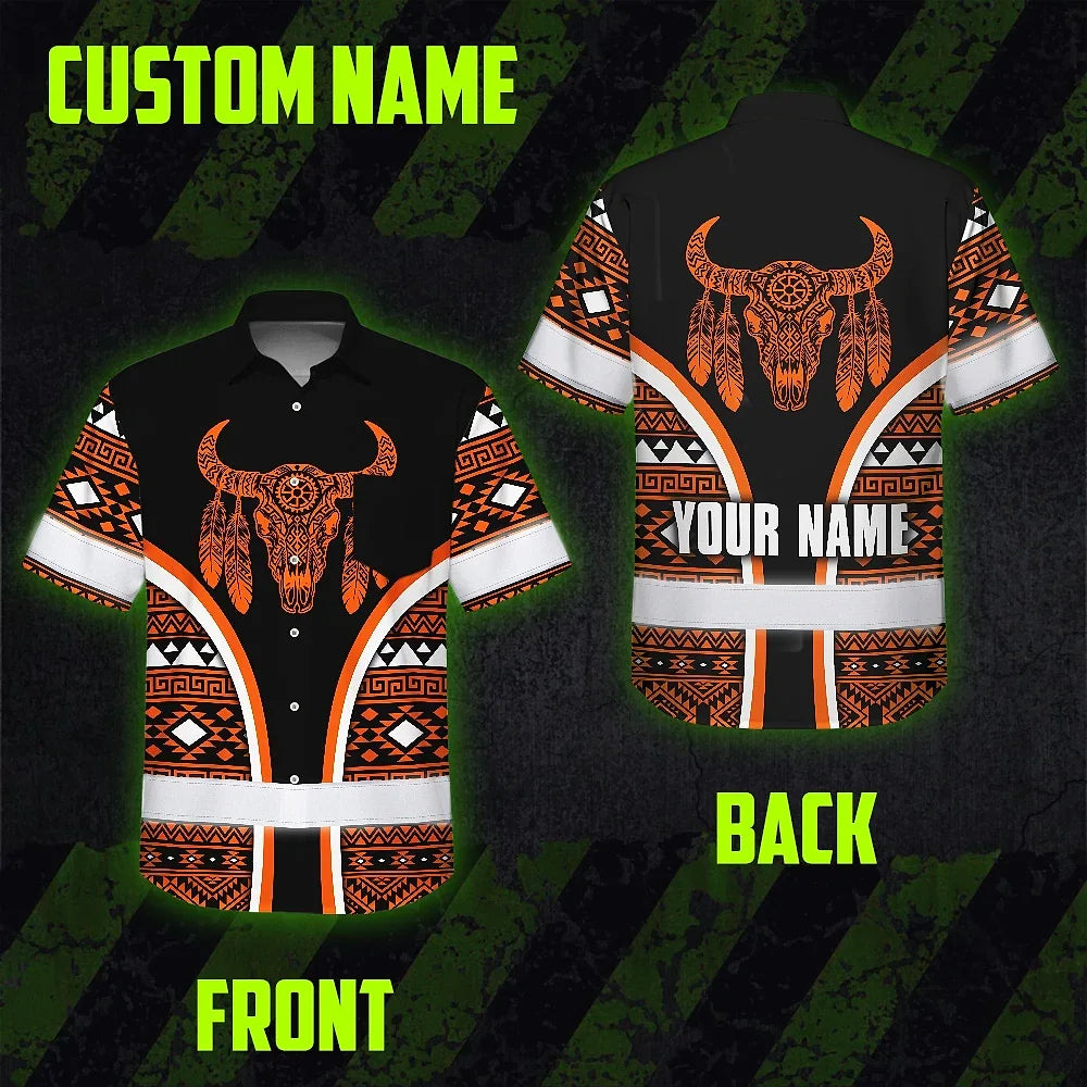 Hi Vis Hawaiian Shirt Reflective Tapes Orange Neon Skull Native Custom Name Safety Workwear For Workers, Truckers, Operators