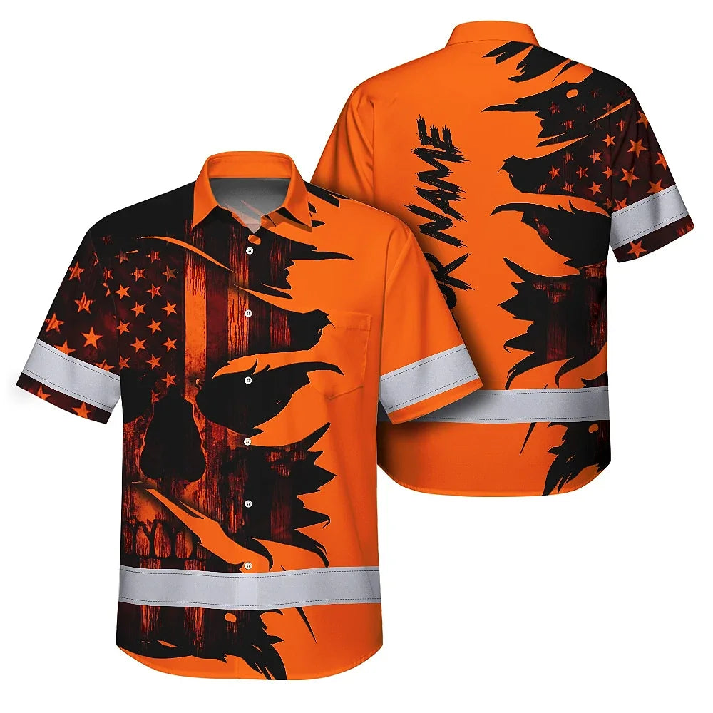 Hi Vis Hawaiian Shirt Reflective Tapes Orange Neon Skull US Flag Scratch Safety Workwear For Workers, Truckers, Operators
