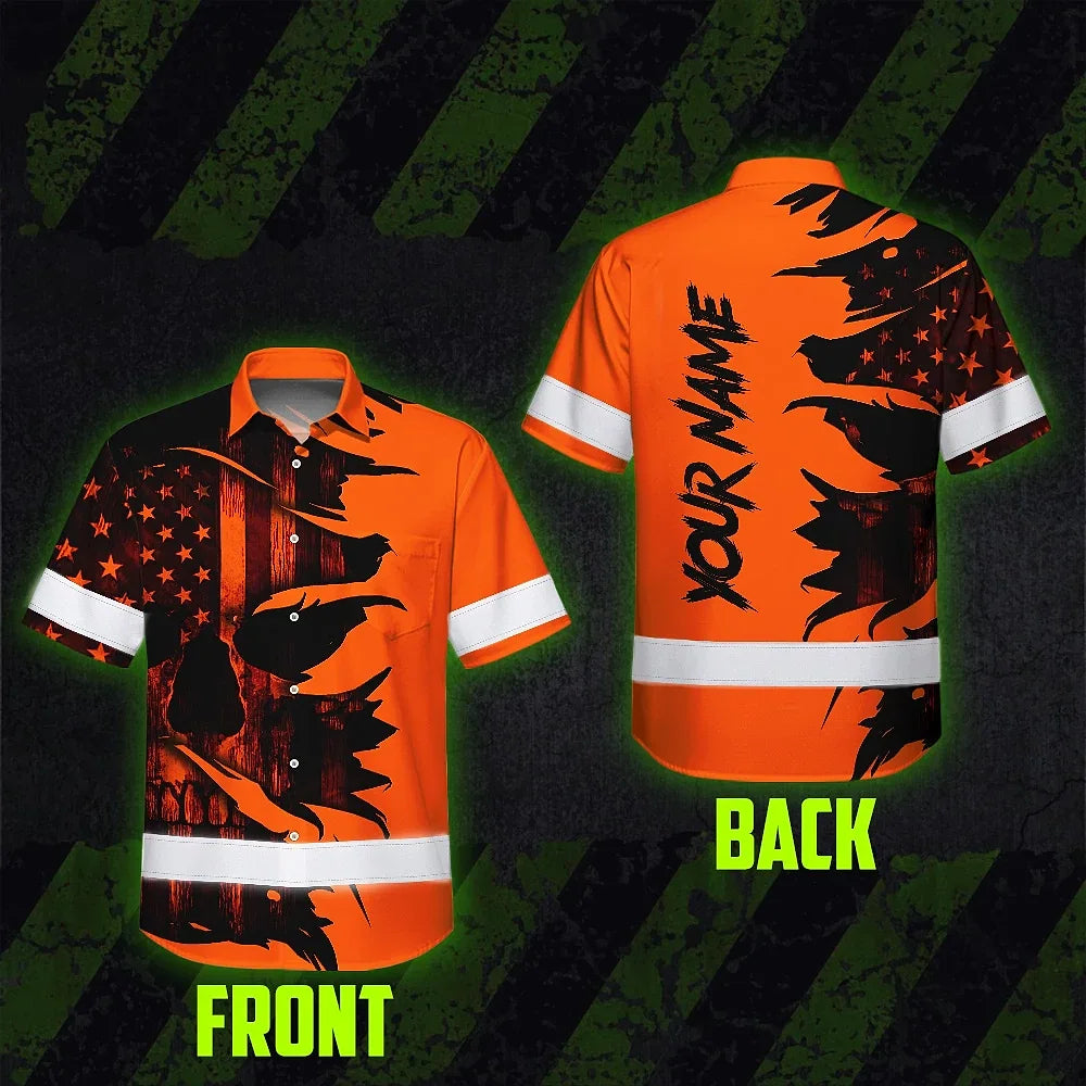 Hi Vis Hawaiian Shirt Reflective Tapes Orange Neon Skull US Flag Scratch Safety Workwear For Workers, Truckers, Operators