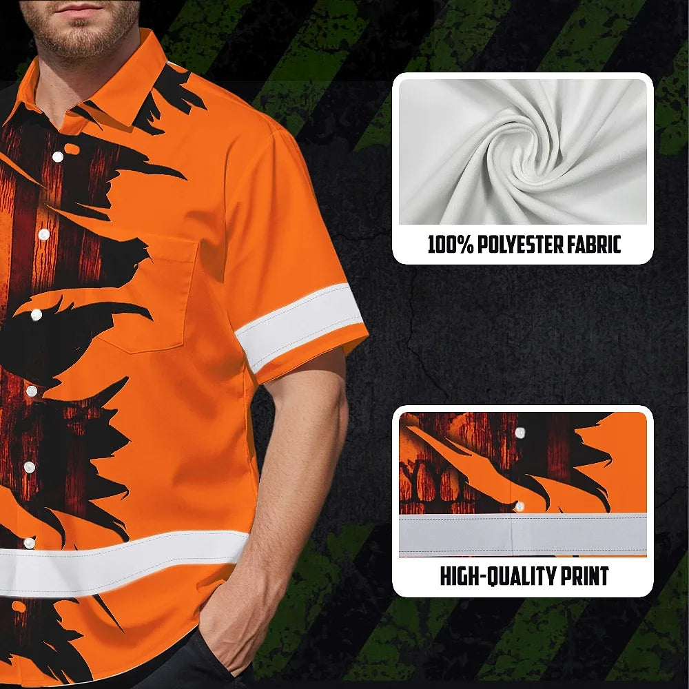 Hi Vis Hawaiian Shirt Reflective Tapes Orange Neon Skull US Flag Scratch Safety Workwear For Workers, Truckers, Operators