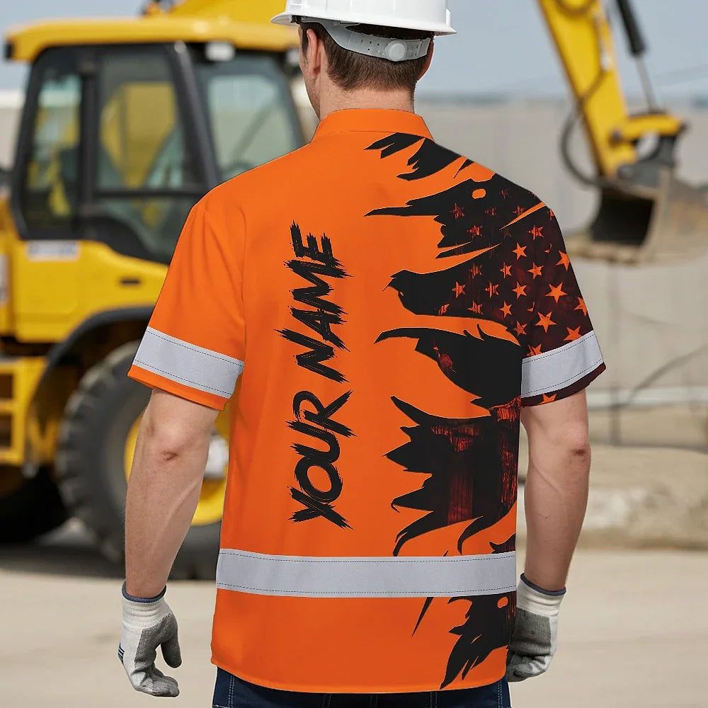 Hi Vis Hawaiian Shirt Reflective Tapes Orange Neon Skull US Flag Scratch Safety Workwear For Workers, Truckers, Operators