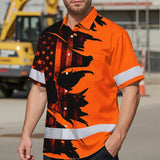 Hi Vis Hawaiian Shirt Reflective Tapes Orange Neon Skull US Flag Scratch Safety Workwear For Workers, Truckers, Operators