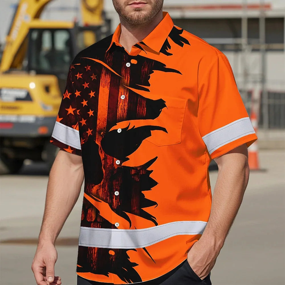 Hi Vis Hawaiian Shirt Reflective Tapes Orange Neon Skull US Flag Scratch Safety Workwear For Workers, Truckers, Operators