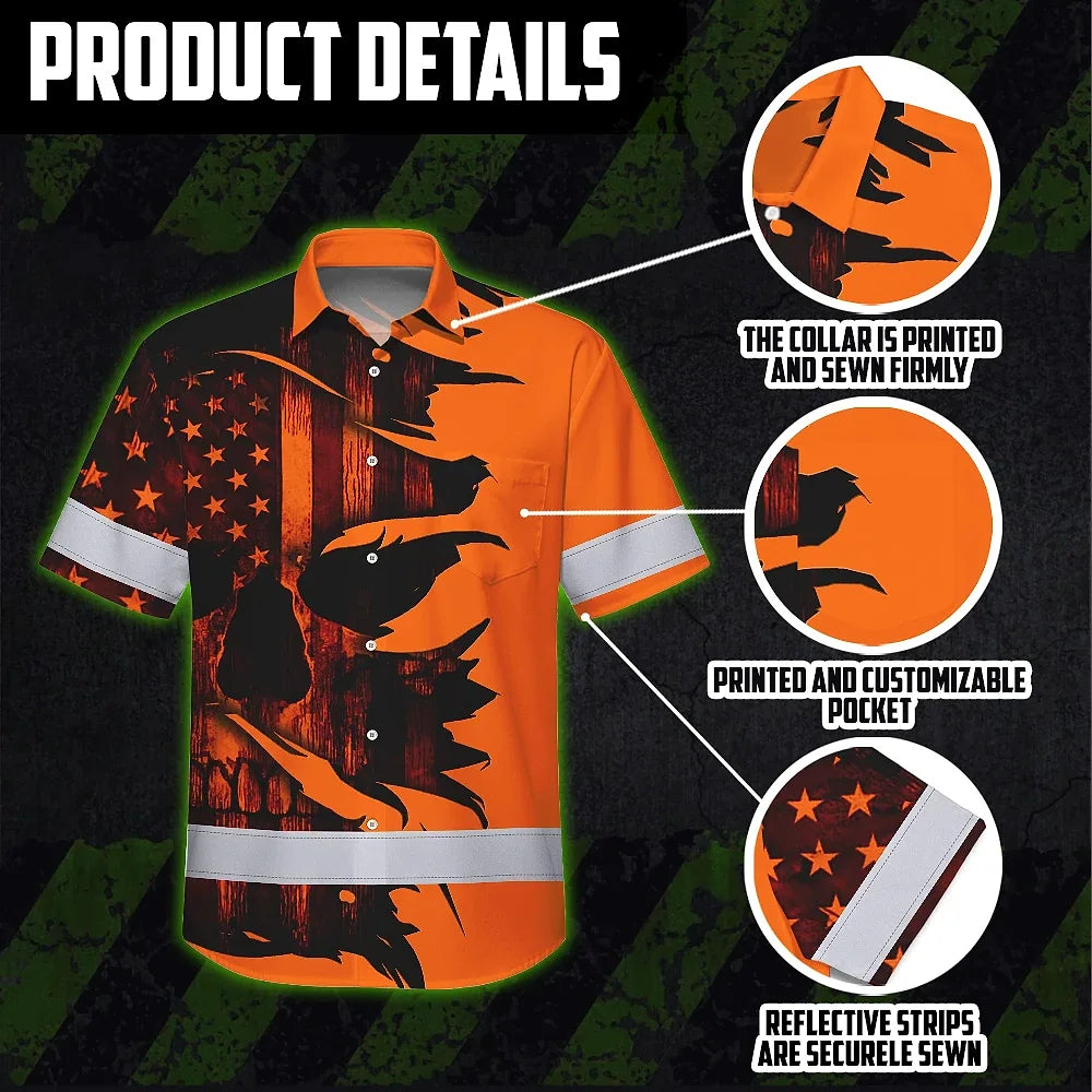 Hi Vis Hawaiian Shirt Reflective Tapes Orange Neon Skull US Flag Scratch Safety Workwear For Workers, Truckers, Operators