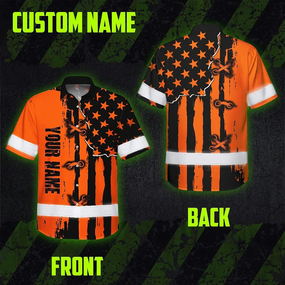 Hi Vis Hawaiian Shirt Reflective Tapes Orange Neon US Flag Custom Name Safety Workwear For Workers, Truckers, Operators
